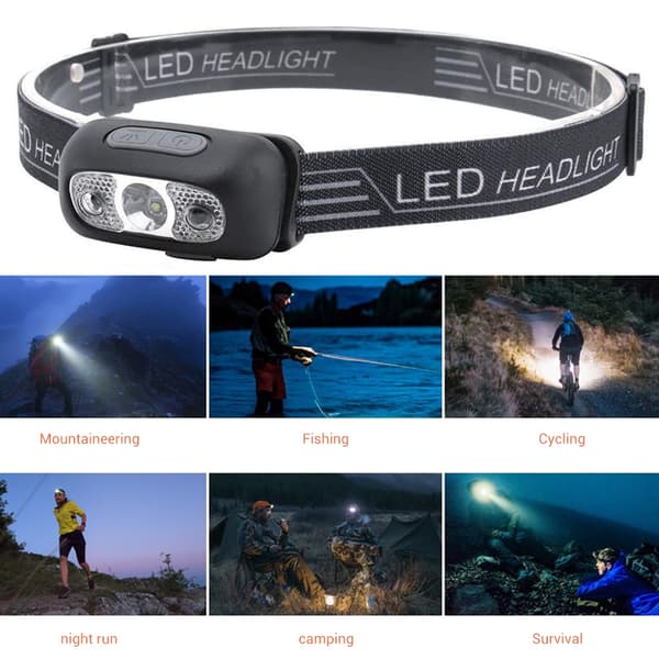IPX6 LED-hodelykt med sensor, supersterk, USB-oppladbar for camping, sykling, fiske