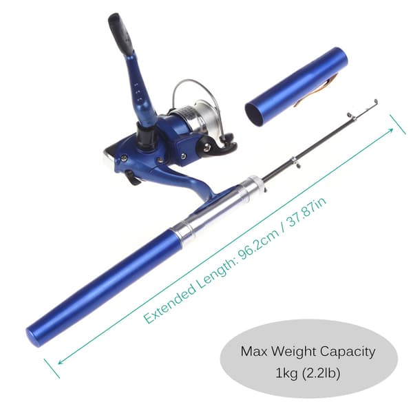 Minifiskespö med aluminiumrulle, bärbart, blått
