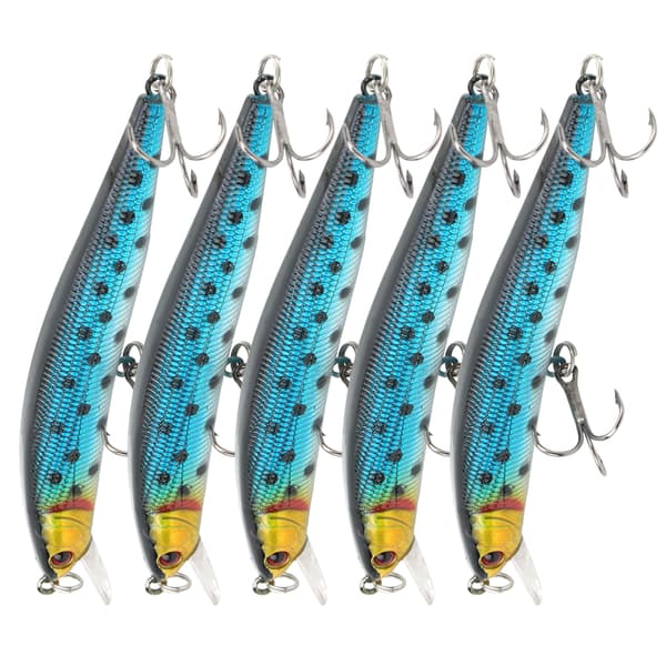 5 stk. kunstig minnow-simulering langskudsagn med diskantkrog til fiskeri 10 cm 80 g