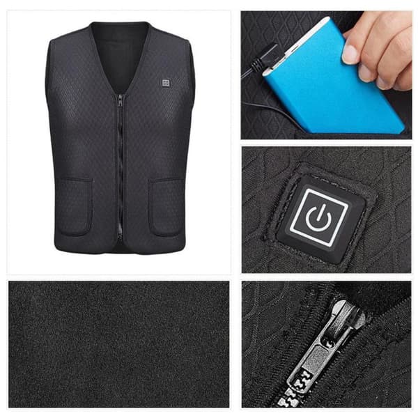 Unisex elektrisk uppvärmd väst med USB-värmare, V-ringning, ärmlös, för vinterbruk utomhus.
