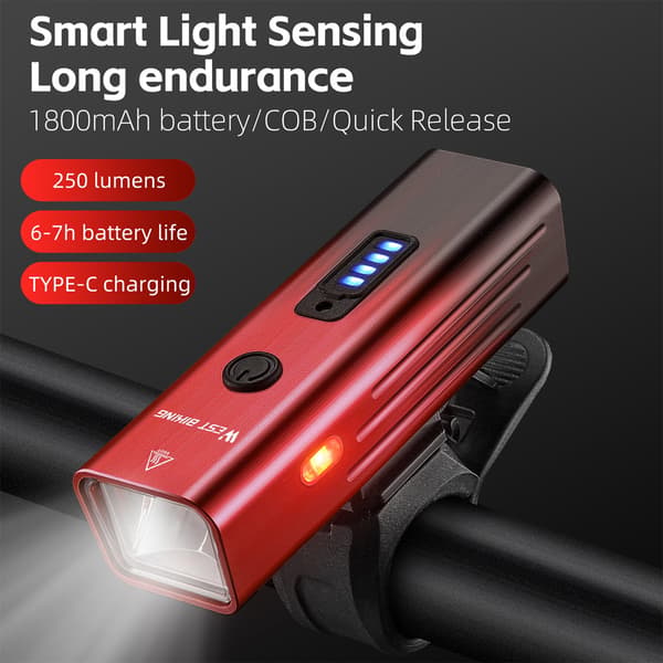 Cykellygte i aluminiumslegering 250 lumen USB genopladelig med lyssensor og flere tilstande