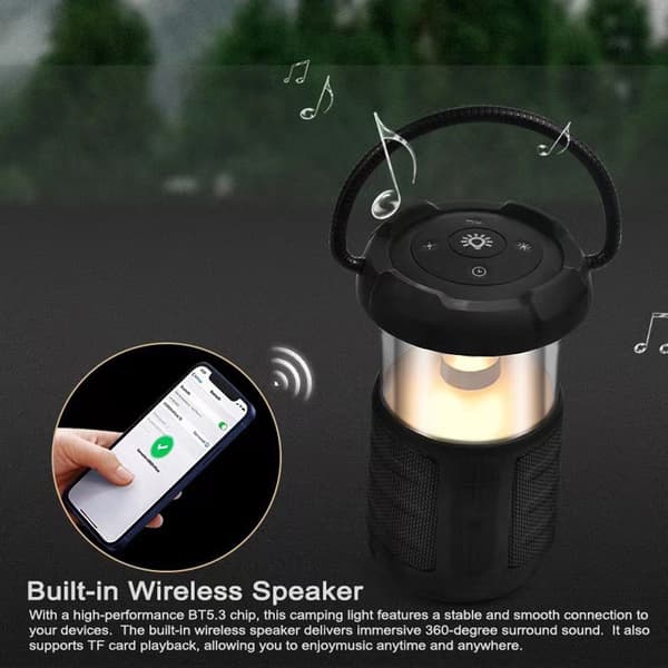 Multifunksjonell Campinglykt med Bærbar Bluetooth-høyttaler og Powerbank, IP45 Vanntett.