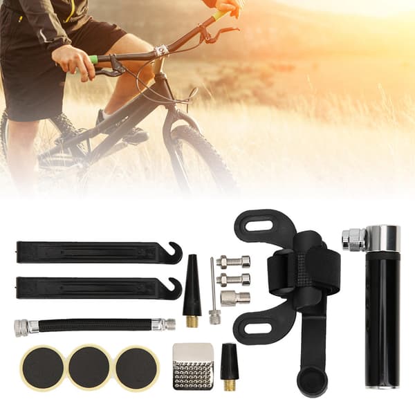 Cykelreparationssæt med minipumpe til landevejs- og mountainbikes - Sort