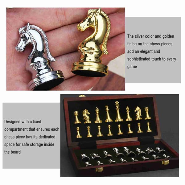 Magnetiskt Reseschackset med Guld- och Silvermetallpjäser och Fällbart Träbräde