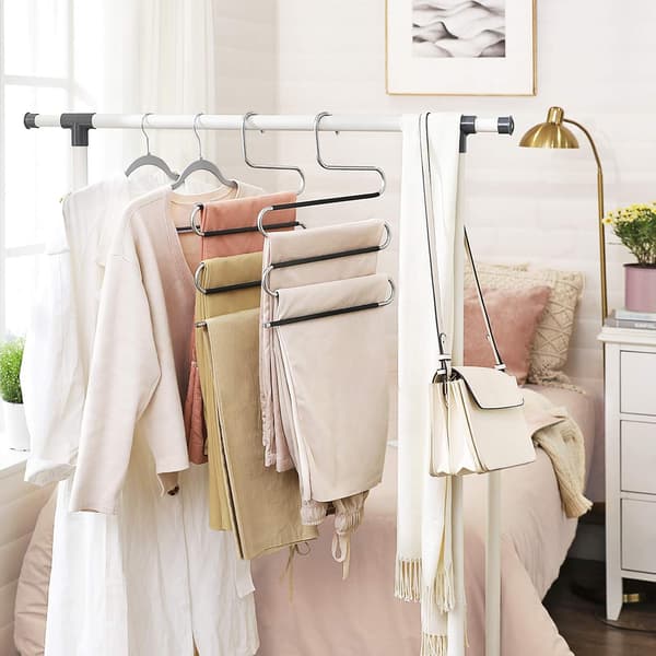 Sæt med 4 buksebøjler i rustfrit stål med flere niveauer, organizer til jeans, bukser, håndklæder, slips, sølv og sort
