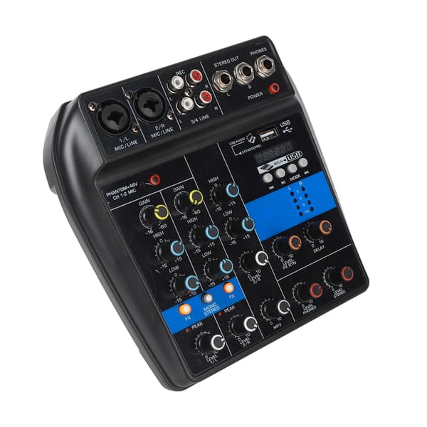 Profesjonell 4-kanals stereo USB-lydmikser for sceneutstyr, 100-240V, USB-plugg