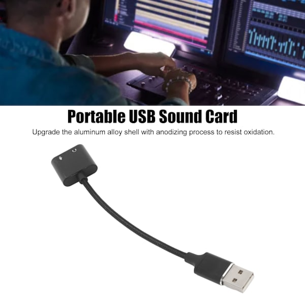 USB Plug and Play lydadapter, sort aluminium, USB til 3,5 mm lydkort, stationær bærbar computer