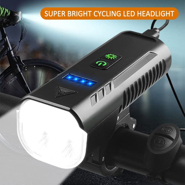 Sykkellys foran 1000 lumen med horn, USB oppladbart, vanntett, 8 moduser