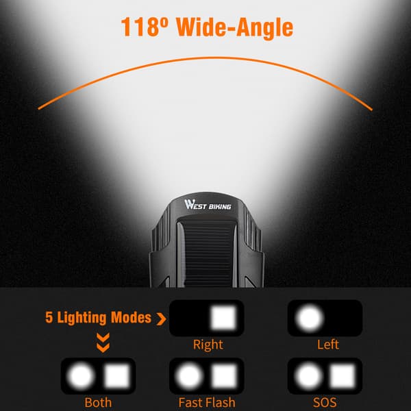 WEST BIKING Solar USB Genopladelig LED Cykellygte med Horn 120db IPX4 2000mAh