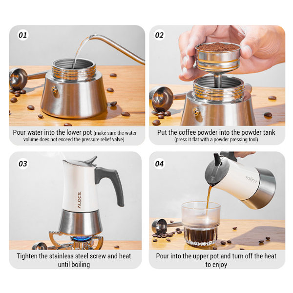 Kaffemaskine i rustfrit stål til komfur, 9 portioner, italiensk kaffe til camping