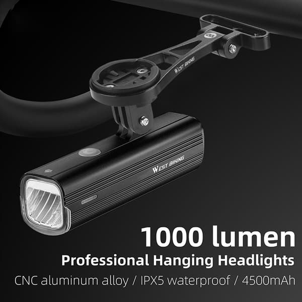 Genopladelig Cykellygte 1000 Lumen 4500mAh med Cykelcomputerbeslag