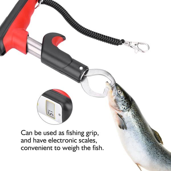 Fisketang med digital LED-vekt i rustfritt stål, teleskopisk design og bæreveske.