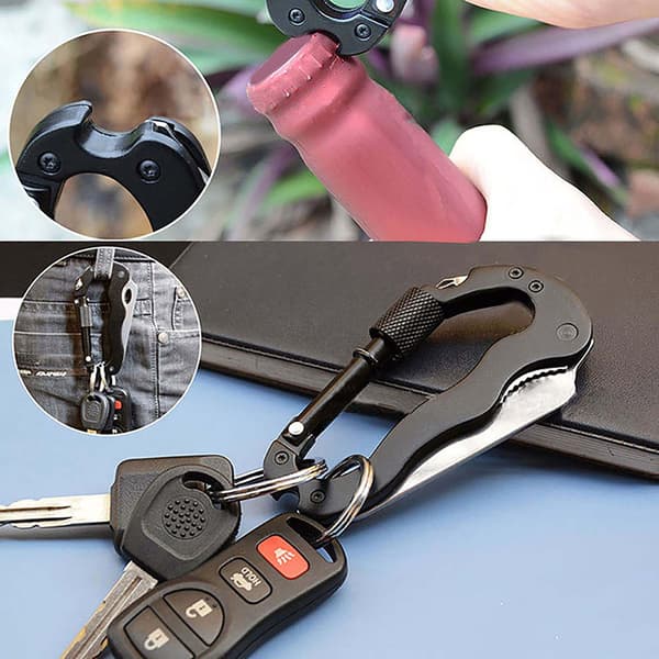Sort 5-i-1 Multifunktionel Karabinhage med Kniv og Nøglering i Rustfrit Stål til Klatring og Camping