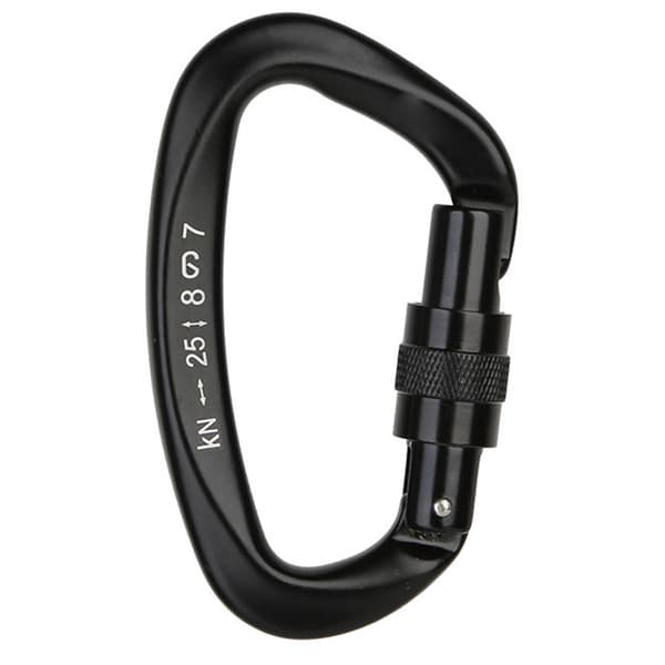 Aluminium D-ring karabinhage med låsemekanisme til klatring og bjergbestigning, sort.