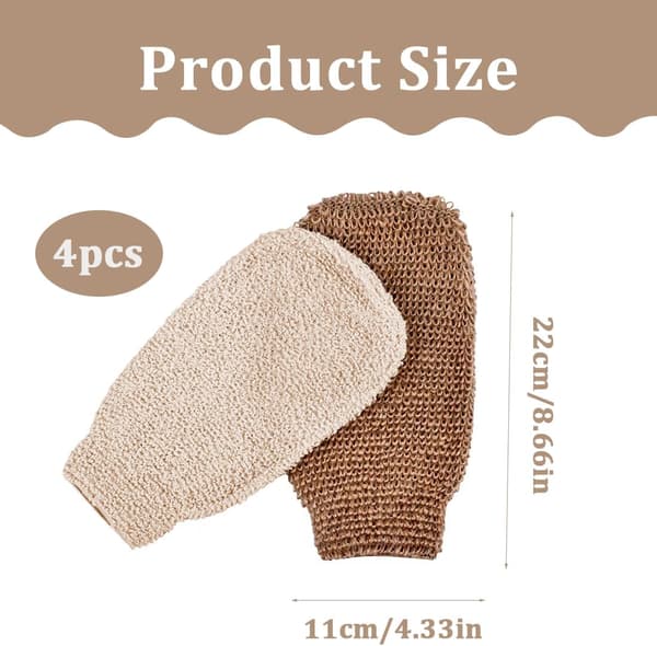 Set med 4 exfolierande ramiefiberhandskar för kropp, ansiktsvård och torrmassage, för dusch och bastu