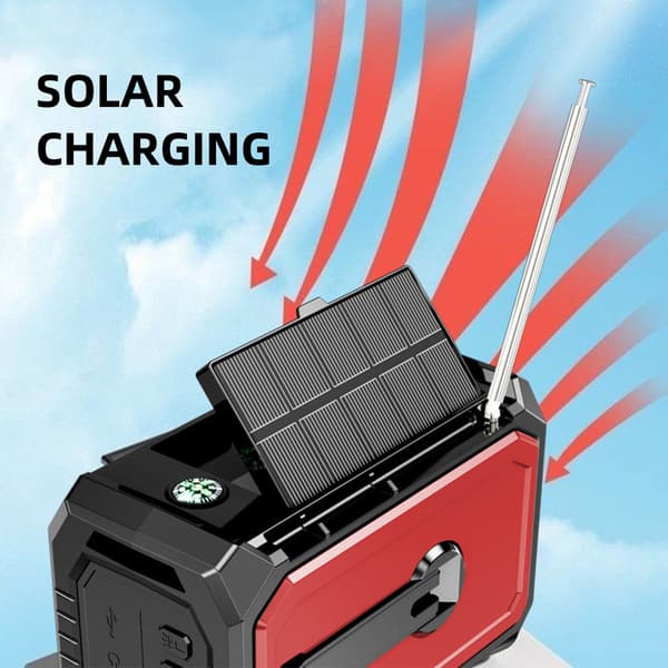 Hätäradio aurinkokennolla ja veivillä, 16000 mAh, NOAA AM FM, virtapankilla ja SOS-taskulampulla