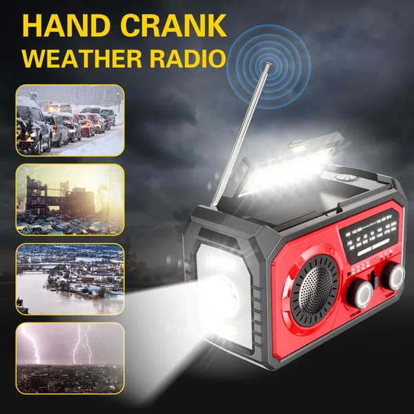 Hätäradio aurinkokennolla ja veivillä, 16000 mAh, NOAA AM FM, virtapankilla ja SOS-taskulampulla