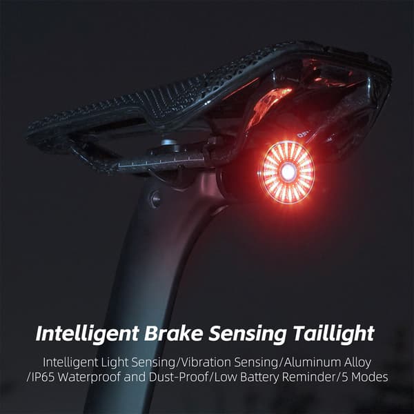 Oppladbar USB-sykkelbaklykt med bremsesensor, høy synlighet, 60 lumen, IP65