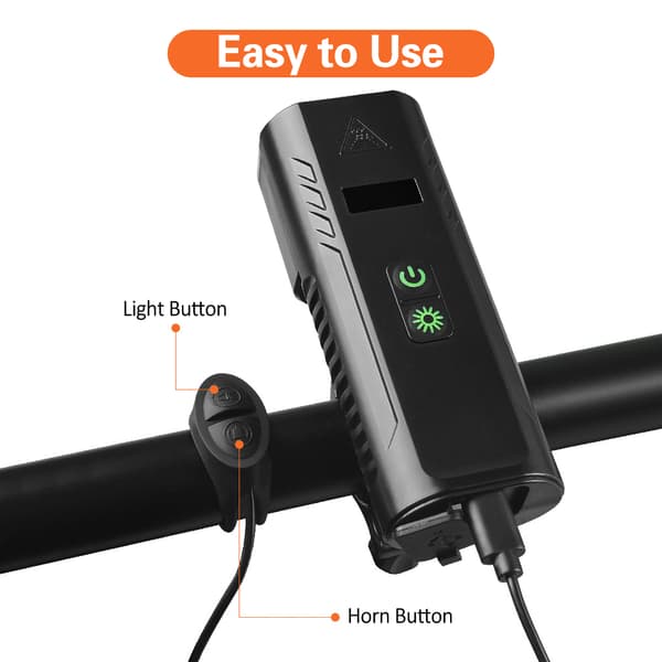 Sykkellys foran 1000 lumen med horn, USB oppladbart, vanntett, 8 moduser