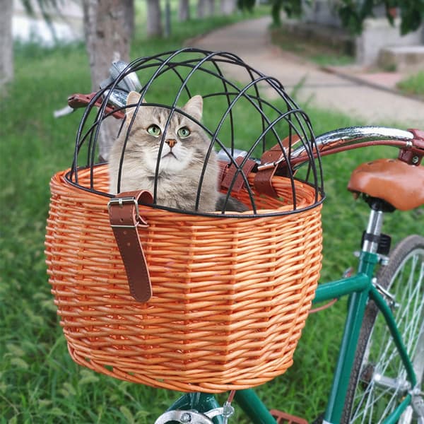 Rattan cykelkurv foran med netlåg til små kæledyr, hunde og katte