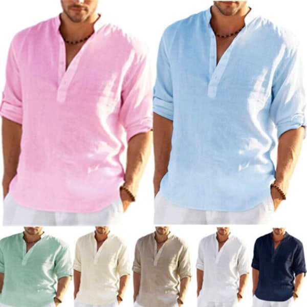 Strandskjortor i massiv linne för män Bomull Casual Lös sommarskjorta apricot s