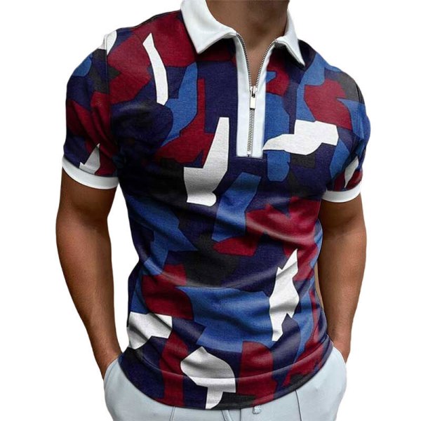 Kortärmad pikétröja för herr Slim Fit Sport Golf Zipper T-shirt navy blue white dots 3xl