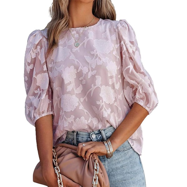Bubble Sleeve Chiffong Loose Top Shirt med blommig textur Pink  Purple L