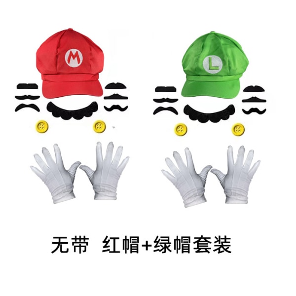 Super Mario Bros Mario och Luigi Hattar Kepsar Mustascher Handskar Knappar 无背带+红帽+绿帽 套装 Adult head 58-60cm