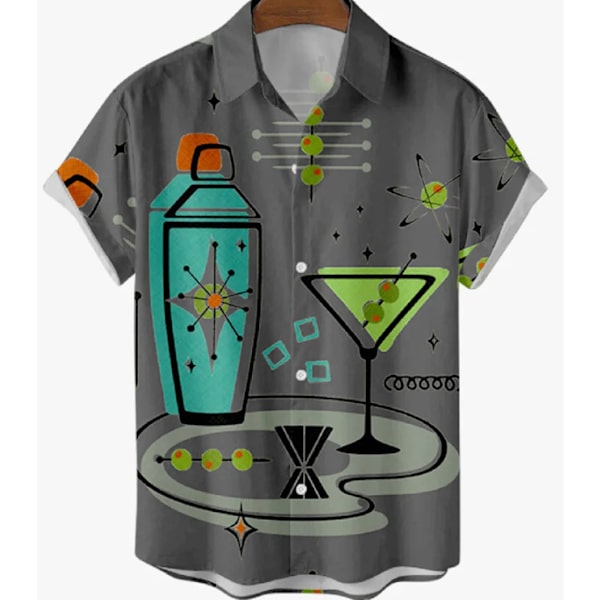 Men Retro Button Down Bowlingskjorta 50-tals Rock Summer T-Shirt 2 3XL