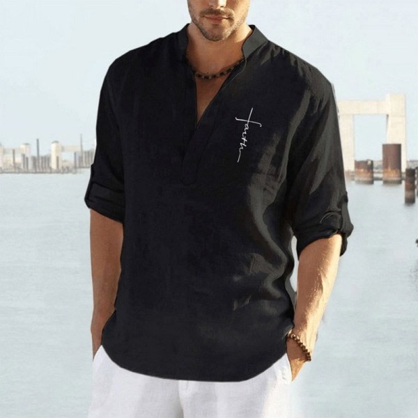 Långärmad skjorta Linne Herrkläder Casual Pullover Blus Black 2XL