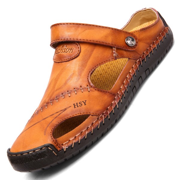 Sommar män läder sandaler sömmar stängd tå Yellow Brown 42