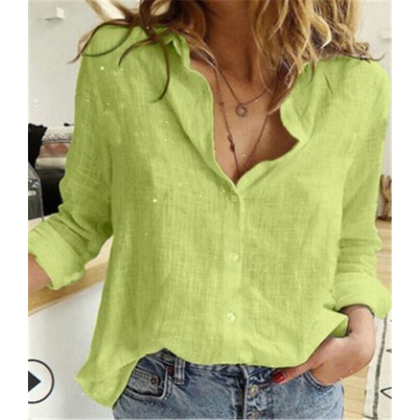 Enfärgad blus för kvinnor Långärmad T-shirt T-shirt med knapp Green 12