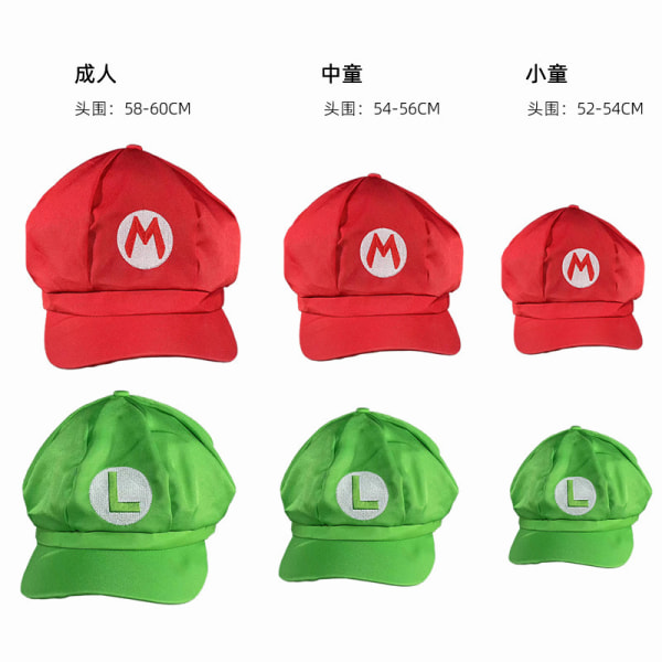 Super Mario Bros Mario och Luigi Hattar Kepsar Mustascher Handskar Knappar 绿色帽子+送胡子 Children's head 52-54cm