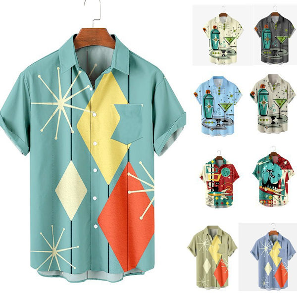 Men Retro Button Down Bowlingskjorta 50-tals Rock Summer T-Shirt RJCS001 4XL
