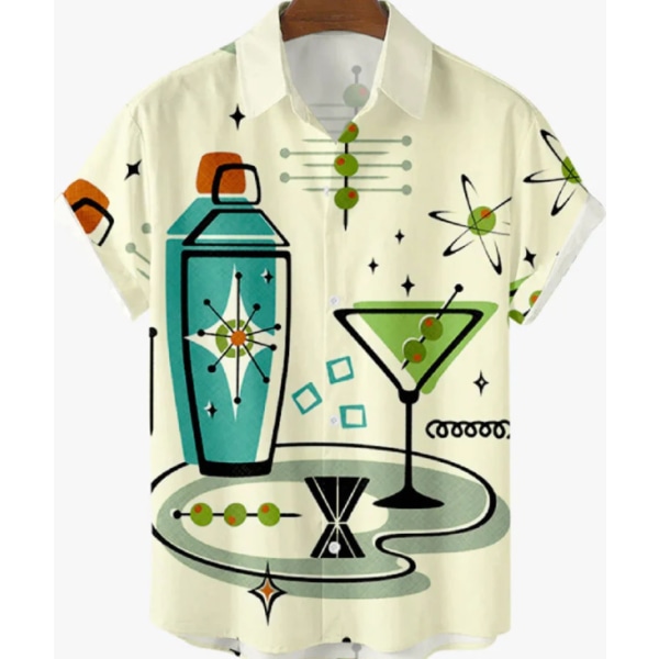 Men Retro Button Down Bowlingskjorta 50-tals Rock Summer T-Shirt 2 3XL