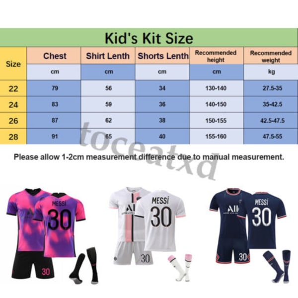 Barnfotbollssats träningsdräkt fotboll kort skjorta strumpa #30 21/22 PSG# Away Kit Messi 130-140CM/24