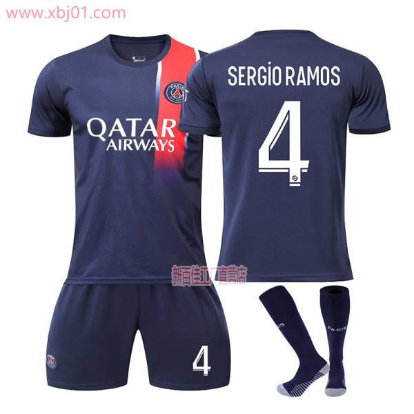 2324新赛季巴黎圣日耳曼足球服30梅西10内马尔7号姆巴佩球衣套装 Sergio Ramos 4 With socks M