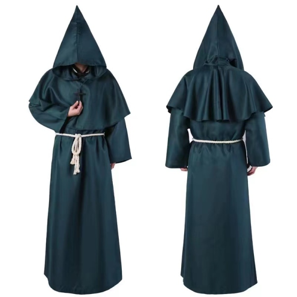 Medeltida Brother Monk Hood Renässansprästdräkt Halloween Cosplay Green S