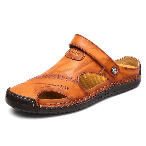 Sommar män läder sandaler sömmar stängd tå Yellow Brown 42