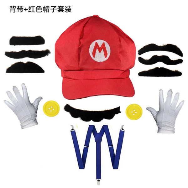 Super Mario Bros Mario och Luigi Hattar Kepsar Mustascher Handskar Knappar 绿色帽子+送胡子 Middle child's head 54-56cm