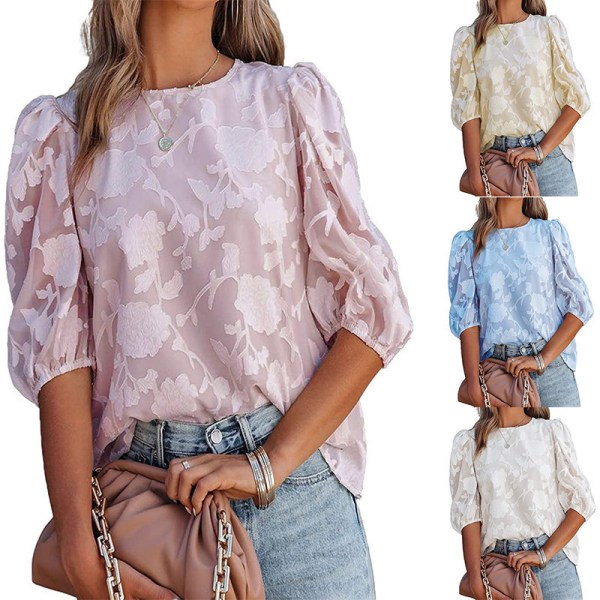 Bubble Sleeve Chiffong Loose Top Shirt med blommig textur Light apricot L
