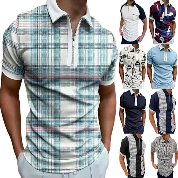 Kortärmad pikétröja för herr Slim Fit Sport Golf Zipper T-shirt white black dots xxl