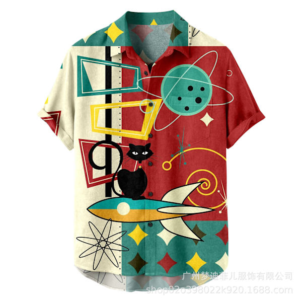Men Retro Button Down Bowlingskjorta 50-tals Rock Summer T-Shirt RJCS001 4XL