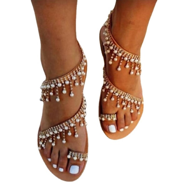 Rhinestone Pearl Flat Gladiator Sandaler för kvinnor Brown 42