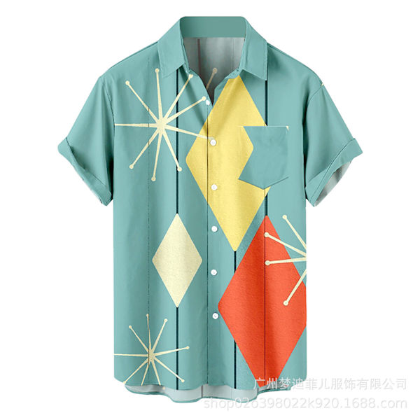 Men Retro Button Down Bowlingskjorta 50-tals Rock Summer T-Shirt 8 3XL