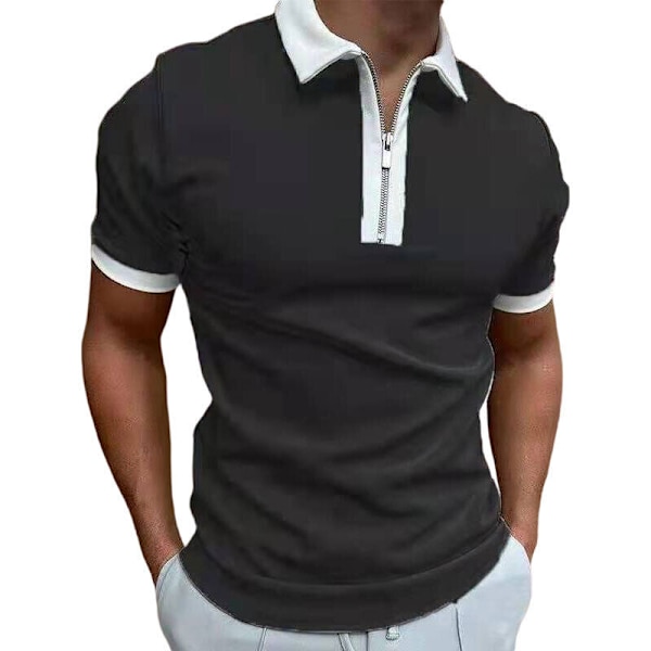 Kortärmad pikétröja för herr Slim Fit Sport Golf Zipper T-shirt white black dots xxl