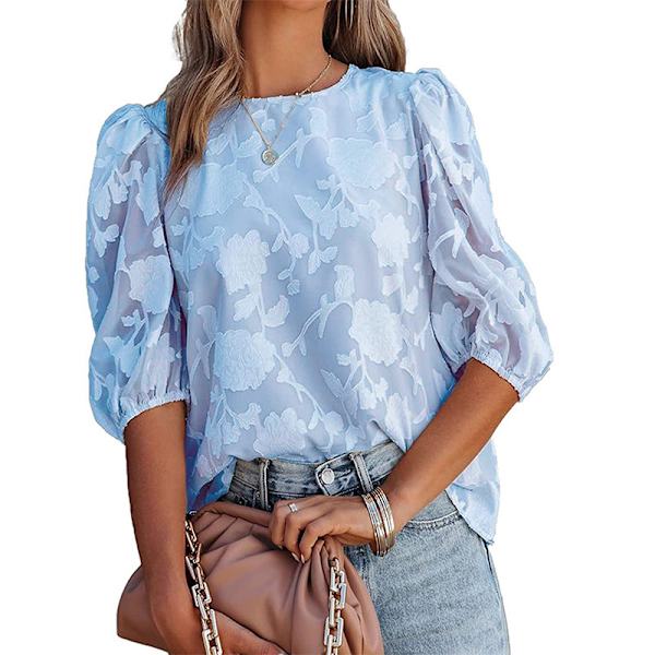 Bubble Sleeve Chiffong Loose Top Shirt med blommig textur Light apricot M