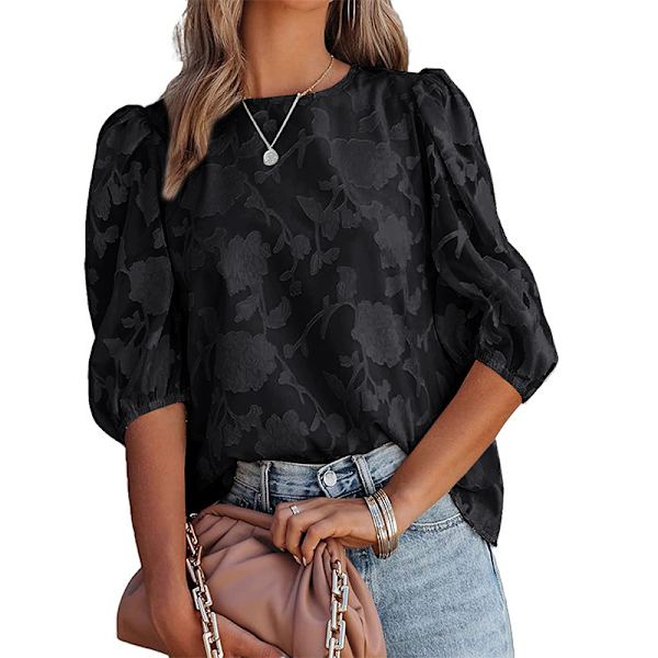 Bubble Sleeve Chiffong Loose Top Shirt med blommig textur Light apricot M