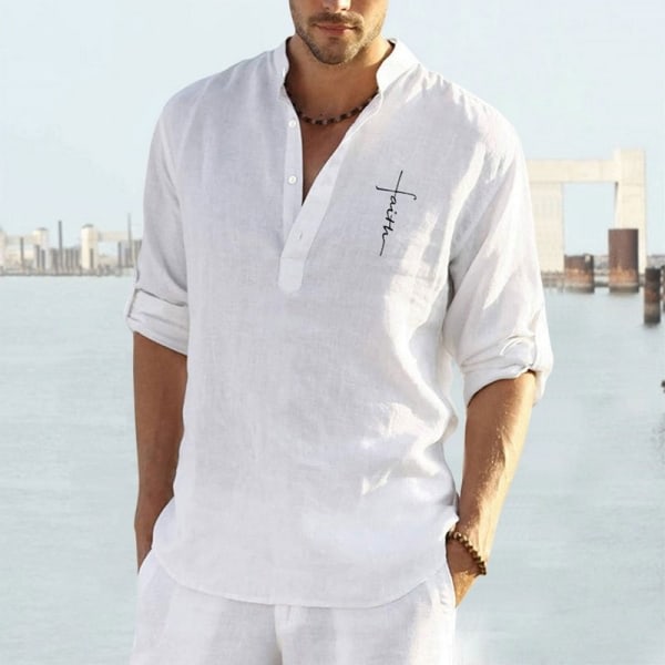 Långärmad skjorta Linne Herrkläder Casual Pullover Blus White XL