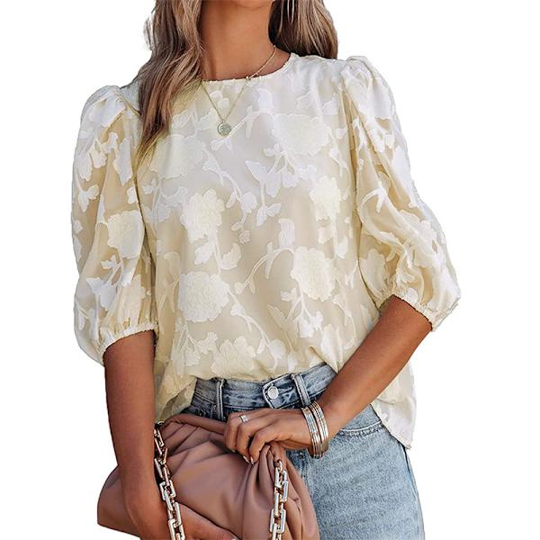 Bubble Sleeve Chiffong Loose Top Shirt med blommig textur Light apricot M